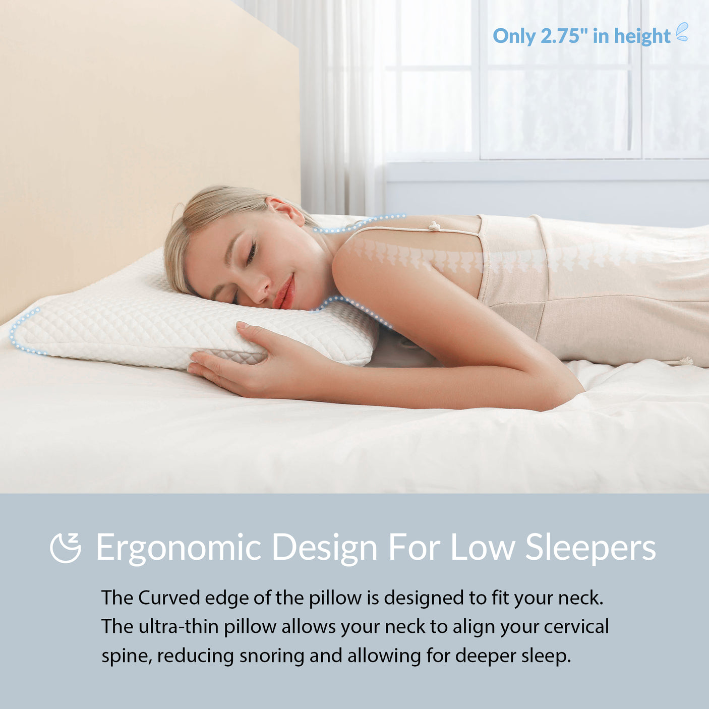 2.75 Inches Hyper Slim Memory Foam Pillow for Stomach and Back Sleepers - Thin, Flat Design for Cervical Neck Alignment and Deeper Sleep