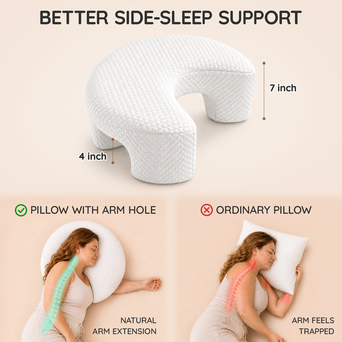 Side Sleeping Pillow with Arm Holes - Ergonomic Memory Foam Pillow for Cervical, Neck, Shoulder & Rotator Cuff Pain Relief - Ideal for Side Sleepers